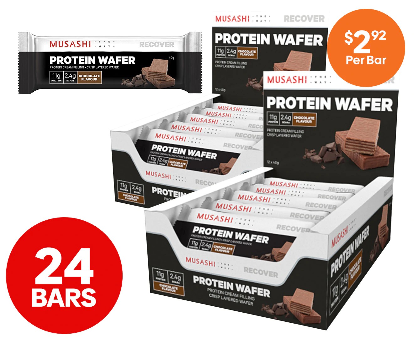 2 X 12pk Musashi Protein Wafer Chocolate Bar 40g Emega Australia 7535