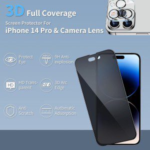 [2+2 Pack] Cnarery Privacy Screen Protector for Iphone 14 Pro with Alignment Frame, 2 Pack Full Coverage Privacy Tempered Glass Screen Protector and 2 Pack Camera Lens Protector[Easy Installation]