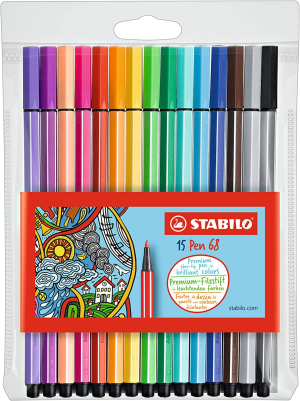 STABILO Premium Felt Tip Pen – Pen 68 – Wallet of 15 – Assorted Colours