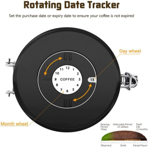9SHOME Airtight Stainless Steel Coffee Canister, Coffee Bean Storage Container with Date Tracker, 6 Co2-Release Valve and Measuring Scoop for Beans, Grounds, Tea, Flour, Cereal, Sugar, Large 1800Ml/60Oz