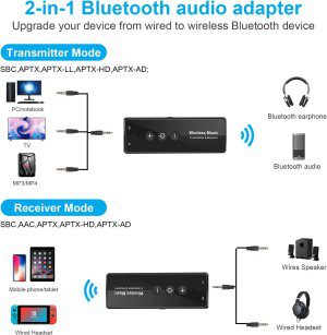 Upgrade Bluetooth 5.2 Transmitter Receiver, Aptx Low Latency, Rechargeable 3.5Mm AUX Bluetooth Audio Transceiver Adapter, Bluetooth Transmitter for TV Gym Airplane to 2 Bluetooth Headphones Speakers, Bluetooth Audio Receiver for Car Home Stereo System