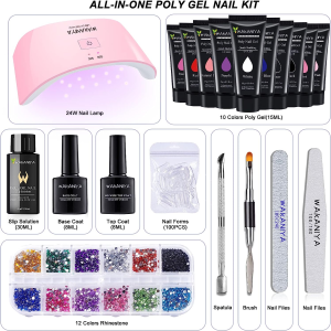 Wakaniya Poly Nail Gel Kit with Lamp, All Season Colors Quick Nail Extension Gel Builder, Rhinestone, Slip Solution, Nail Forms, Complete Poly Gel Starter Kit for DIY Manicure