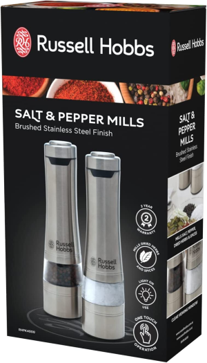 Russell Hobbs RHPK4000 Salt and Pepper Mills, Electric Grinders, One Touch Operation, Brushed Silver