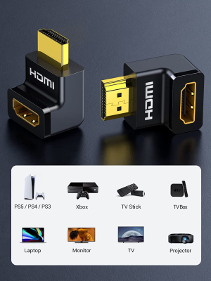 UGREEN HDMI 90 and 270 Degree Right Angle Adapter Gold Plated High Speed HDMI Male to Female Connector Adapter for Roku TV Stick (Pack of 2)