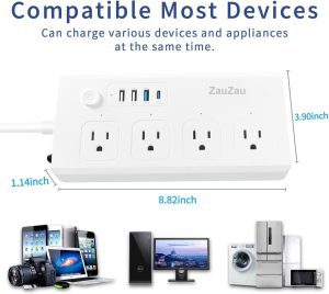 Zauzau Fast Charging PD 40W Power Strip and Surge Protectors Type-C 30W USB-C 18W 4 AC Outlets 10A 1650W 5 Foot Extension Cord Flat Plug for Home Office Hotel (White)