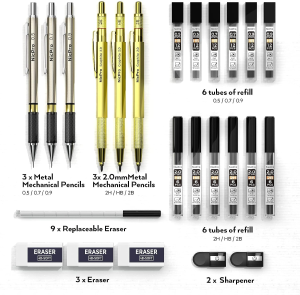 Nicpro Gold Mechanical Pencils Set, 3 PCS Metal Drafting Pencil 0.5 Mm & 0.7 Mm & 0.9 Mm & 3 PCS 2Mm Graphite Lead Holder (2B HB 2H) for Writing, Sketching Drawing with 12 Tube Lead Refills Case