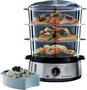 Russell Hobbs Cook@Home 9L Food Steamer, RHSTM3, 800W, 3 Tiers with 9L Total Capacity, Built-In Timer, Stackable Bpa-Free Steaming Baskets for Easy Storage, Stainless Steel Base – Silver