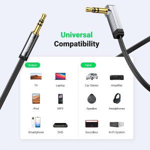 UGREEN 3.5Mm Audio Cable Stereo Aux Jack to Jack Cable 90 Degree Right Angle Auxiliary Cord Compatible for Beats Iphone Ipod Ipad Tablets Speakers 24K Gold Plated Male to Male Black 2M