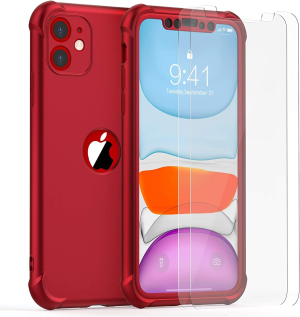 ORETECH Designed for Iphone 11 Case [With 2 X Tempered Glass Screen Protector] Shockproof Protection Cover Hard PC Silky Soft Touch Full Body Protective Case for Iphone 11 (2019) 6.1” – Red