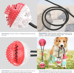 Dog Chew Suction Cup Tug of War Toy Multifunction Interactive Pet Aggressive Chewers Rope Puzzle Toothbrush Molar Bite Squeaky Toys Ball with Teeth Cleaning and Food Dispensing Features (Red and White)