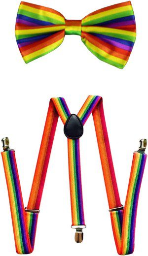 Lopsity Suspenders Straps Rainbow Bow Tie Set Adjustable Elastic Y Back Style Suspenders and Stylish Bowtie Necktie with Metal Clips Unisex for Party,Festivals