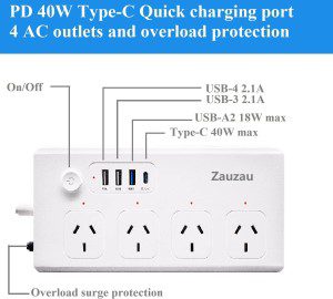 Zauzau Fast Charging PD 40W Power Strip and Surge Protectors Type-C 30W USB-C 18W 4 AC Outlets 10A 1650W 5 Foot Extension Cord Flat Plug for Home Office Hotel (White)