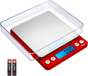 (Upgraded) AMIR Digital Kitchen Scale, 500G Mini Pocket Jewelry Scale, Cooking Food Scale with Back-Lit LCD Display, 2 Trays, 6 Units (Battery Included)