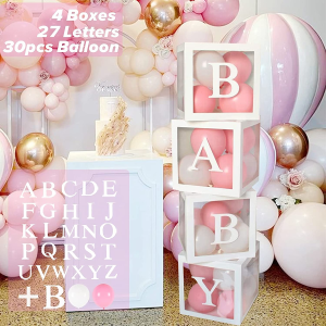 61Pcs Baby Shower Decorations Boxes for Boys&Girls, 30 Party Balloons (Pink&White), 4 Transparent Balloon Boxes with 27 Letters, Include BABY+A-Z, Baby Blocks for Baby Shower, Birthday Decorations