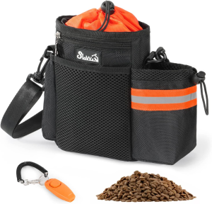 Slowton Dog Treat Pouch – Large Capacity Dog Training Bag with Poop Bag Dispenser and Water Bottle Holder, Clasp & Waist Belt Clip &Shoulder Strap – 3 Ways to Wear Hands-Free Snack Bag for Kibble Food