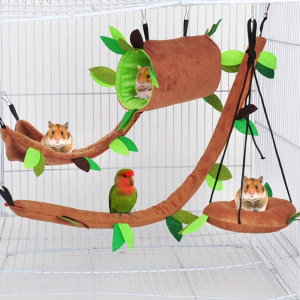 LZYMSZ 7PCS Hamster Hanging Warm Bed, Rat Hanging Bed House Forest Pattern Cage Toy Small Animals Cage Nest Accessories, Hamster Hammock Tunnel Swing Set for Parrot Ferret Squirrel Hamster Playing