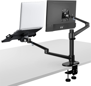 Viozon Monitor and Laptop Mount, 2-In-1 Adjustable Dual Arm Desk Mounts Single Desk Arm Stand/Holder for 17 to 32 Inch LCD Computer Screens, Extra Tray Fits 12 to 17 Inch Laptops (Silver)