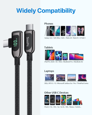 Soopii 100W Right Angle USB C to USB C Cable,4Ft Zinc Alloy Braided Type-C Cable with LED Display for Lphone 15/Lpad Mini/Air/Pro,Macbook Pro,Samsung S23/S22/S10,Pixel,Lg(4Ft,Black)