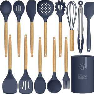 14 Pcs Silicone Cooking Utensils Kitchen Utensil Set – 446°F Heat Resistant,Turner Tongs,Spatula,Spoon,Brush,Whisk, Wooden Handles Blue Kitchen Gadgets Tools Set for Nonstick Cookware (BPA Free)