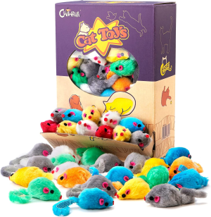 Chiwava 60PCS 4.1” Furry Cat Toy Mice Rattle Small Mouse Kitten Interactive Play Assorted Color