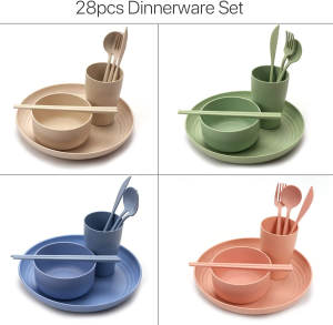 WFPOWER 28Pcs Wheat Straw Dinnerware Serving Set (Bowls, Cups, Plates, Chopsticks, Forks, Spoons) Perfect for Camping Picnic RV Dorm Lightweight Unbreakable Microwave & Dishwasher Safe (Plain)