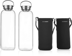 DE.KITCHEN&HIFUN Glasss Water Bottle 2L, Large Borosilicate Glass 2L for Juice, Glass Water Bottle with Steel Cap Filter