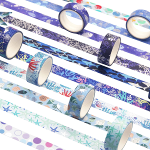 YUBX Ocean Blue Washi Tape Set 10 Rolls Silver Foil Print Decorative Masking Tapes for Arts, DIY Crafts, Bullet Journals, Planners, Scrapbook, Wrapping