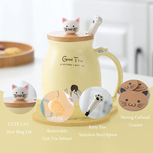 Cat Mug Cute Ceramic Coffee Cup with Lovely Kitty Wooden Lid Stainless Steel Spoon,Novelty Morning Cup Tea Milk Christmas Mug 380ML (Yellow)