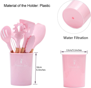 ZCOINS 18+6 PC Silicone Cooking Utensils Set with Wooden Handles & Holder Kitchen Gadgets Kitchen Utensil Set, Pink Collection