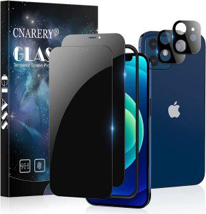 [2+2 Pack] Cnarery Privacy Screen Protector for Iphone 12 with Alignment Frame, 2 Pack Full Coverage Privacy Tempered Glass Screen Protector and 2 Pack Camera Lens Protector[Easy Installation]