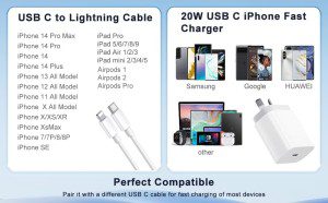 Iphone Fast Charger, 20W Iphone Charger Ipad Charger USB C Charger with 1M USB C to Lightning Cable, USB-C Power Adapter Fast Charger for Iphone14/ 13/12/ 11/ X/ 8