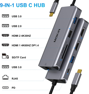 USB C Dual HDMI Adapter, USB C Laptop Docking Station 9 in 1 Triple Display Multiport Dongle, Type C Hub with 2 HDMI, 100W PD, Ethernet, 3 USB and SD/TF Card Reader for Hp/Dell/Lenovo/Surface Laptop