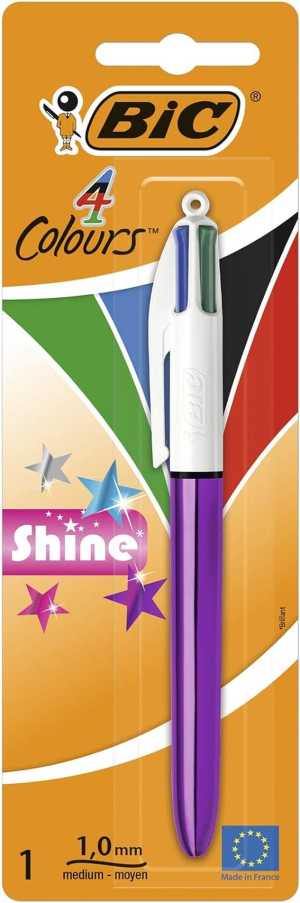 BIC 4 Colours Shine Retractable Ball Pens Medium Point (1.0 Mm) – Assorted Barrel Colour, Pack of 1 Pen (110561175)