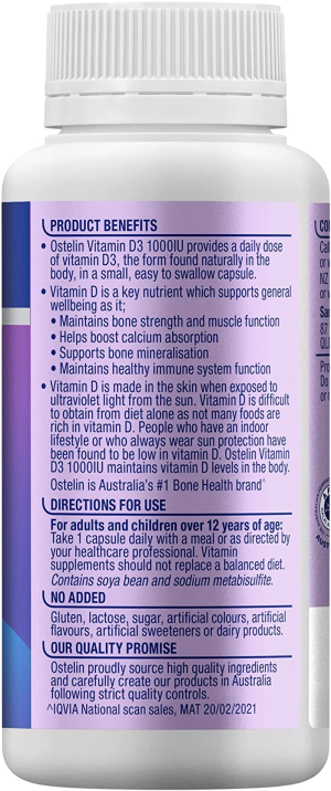 Ostelin Vitamin D 1000IU – D3 for Bone Health + Immune Support, 250 Capsules