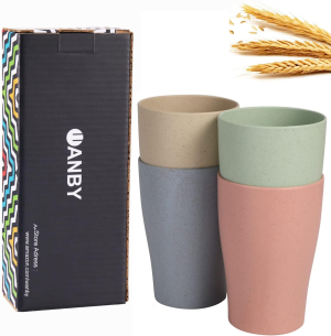 WANBY Wheat Straw Cup 4 Pcs Unbreakable and Reusable Drinking Cups Eco-Friendly Healthy Tumbler Set for Milk Juice and Water Dishwasher Safe (4 Pcs 15 Oz)