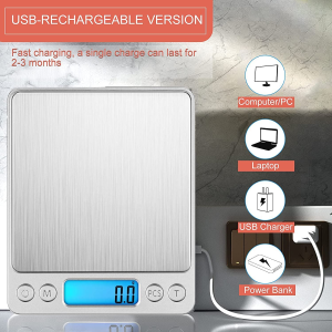 USB Rechargeable Kitchen Scale Digital Multifunctional Food Scale 3000G 0.01Oz/0.1G Electronic Cooking Scale Stainless Steel Food Scale with LCD Display Suitable for Kitchen Baking and Cooking