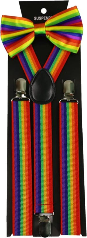 Lopsity Suspenders Straps Rainbow Bow Tie Set Adjustable Elastic Y Back Style Suspenders and Stylish Bowtie Necktie with Metal Clips Unisex for Party,Festivals