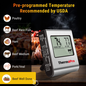 Thermopro TP16 Digital Meat Thermometer with Food-Grade Temperature Probe for Smoker Oven BBQ Grill Multifunctional Food Thermometer with Pre-Programmed Food Temperature Set and Timer