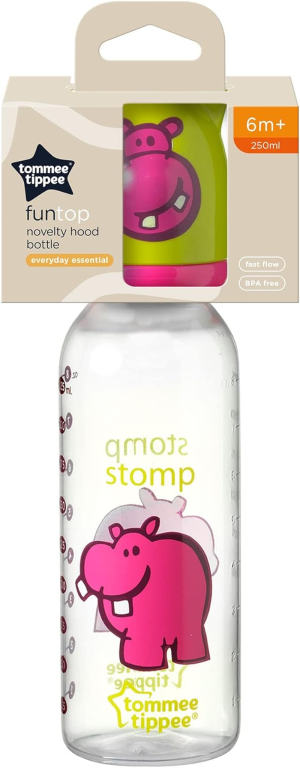 Tommee Tippee Novelty Hood Baby Bottle with Fast Flow Teat, 250Ml, Pack of 1, 6 Months+, Colours and Designs May Vary