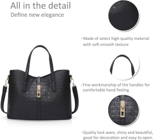 Aucorley Women Handbags, 3 Piece Ladies Handbag Set PU Leather Including Large Handbag Messenger Bag, Shoulder Bag, Tote Bag Purse, Fashion Clutch Satchels Crossbody Bag Wallet (Black)