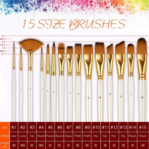 Artist Paint Brush Set of 15 Different Paint Brushes for Acrylic, Watercolor, Gouache, Oil, Face, Body Painting, Suitable for Kids and Adults, Beginner and Professional