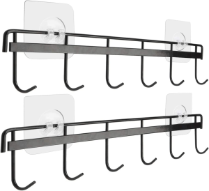 Yizhi Adhesive Wall Hooks Rack Kitchen Rail, Space Saving Utensil Holder No Drilling Wall Mounted Accessory Hanger with 6 Hooks for Kitchen Bathroom Bedroom Pack of 2 (White)