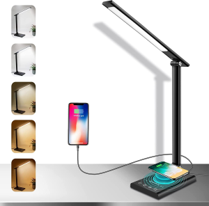 LED Desk Lamp 12W with Fast Wireless Charger & USB Charging Port, Led Desk Light with 35 Dimmable Adjustable Lighting, 40Min/1Hr Timer, Eye-Caring Bedside Lamp for Home Office, Reading, Study