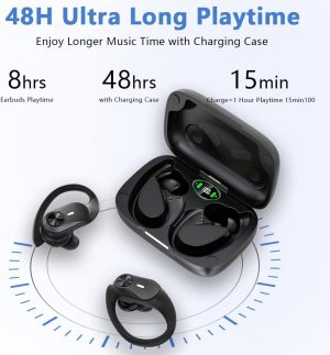 Wireless Earbuds Bluetooth Headphones Charging Case Digital 48Hrs Playtime LED Display Over-Ear Buds Earphones with Microphone Earhook Waterproof Headset for Sports Running Workout Black