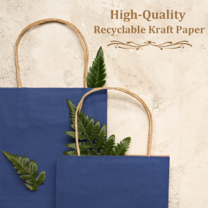 50 Pcs Dark Blue Kraft Paper Bags with Handles, 15X8X21 Cm Bulk Pack Brown Small Gift Bags Eco-Friendly Kraft Bags for Gifts, Business, Shopping, Merchandise, Recyclable, Jewelry