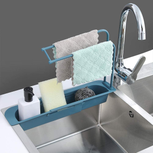 Telescopic Sink Holder, Adjustable Drainer Sink Tray Sponge Soap Holder, Sink Organizer Holder Dish Cloth Hanger for Home Kitchen