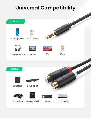 UGREEN 3.5Mm Male to 2 RCA Female Jack Stereo Audio Cable Y Adapter Gold Plated Red and White to Headphone Cord Compatible with Iphone Ipod Ipad MP3 TV DVD Player DJ Controller Mixer Speaker, 0.8 Feet