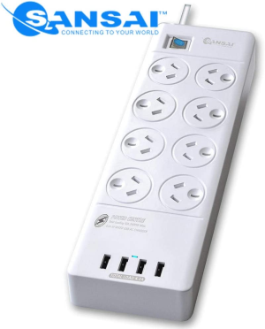 SANSAI Power Board Strip Extension 8 Outlet Surge 4 USB Charger (8 Way)