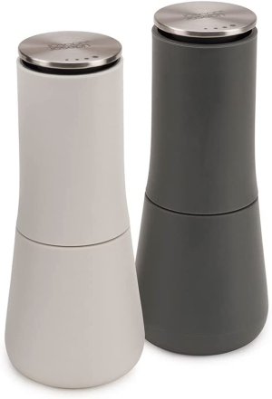 Joseph Joseph Milltop Non-Spill Salt and Pepper Mill Set Refillable with Ceramic Grinding, White/Grey