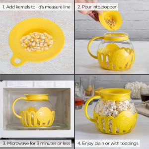 Ecolution Patented Micro-Pop Microwave Popcorn Popper with Temperature Safe Glass, 3-In-1 Lid Measures Kernels and Melts Butter, Made without BPA, Dishwasher Safe, 3-Quart, Yellow